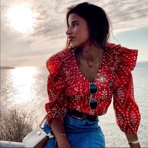 Zara Red and White Small Openwork Embroidered Top